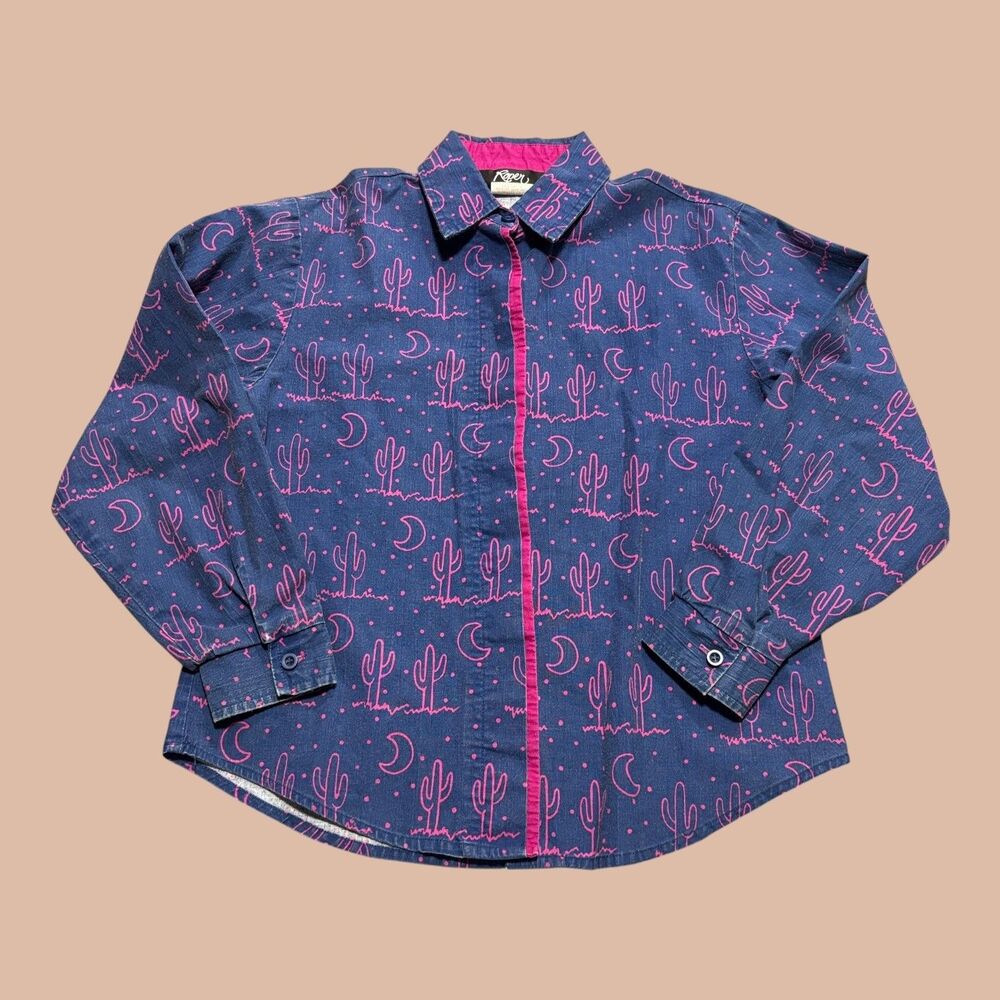 Vintage Roper Western Shirt Kids Size 10 Unisex Purple Pink Cactus Print Button